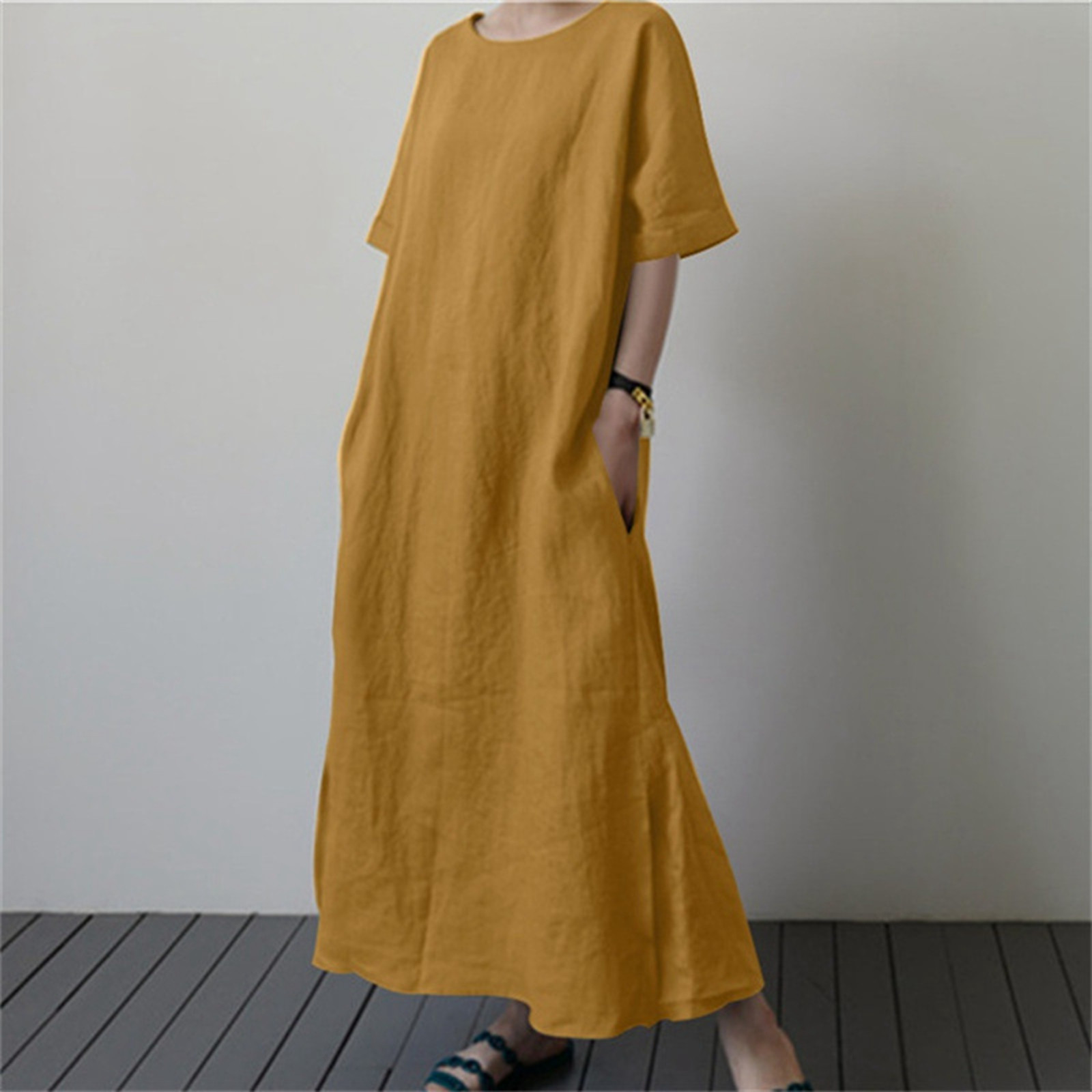 thumbnail image 2 of Vestido largo de lino para mujer talla grande - Cintura con cordón, abertura, manga corta, informal, 2 of 6